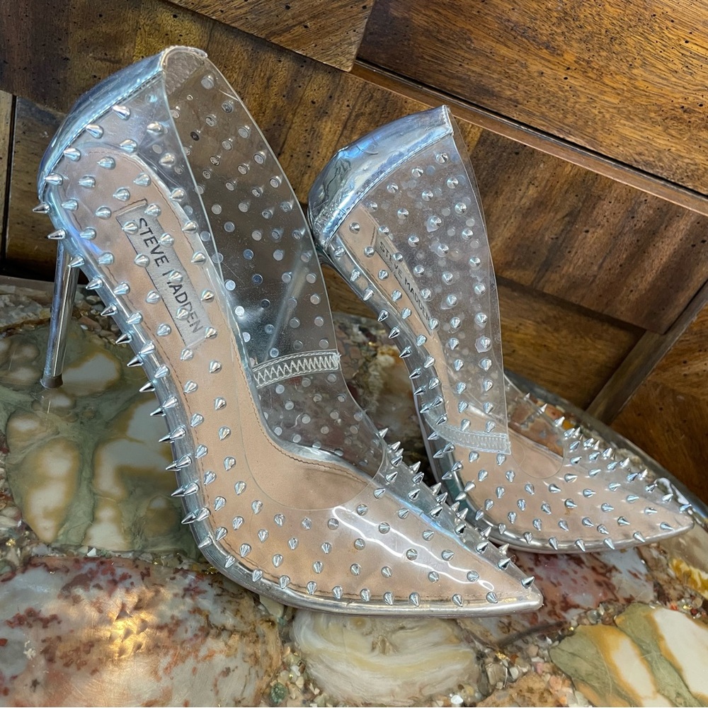Silver and translucent size 8 Steve Madden studded high heels